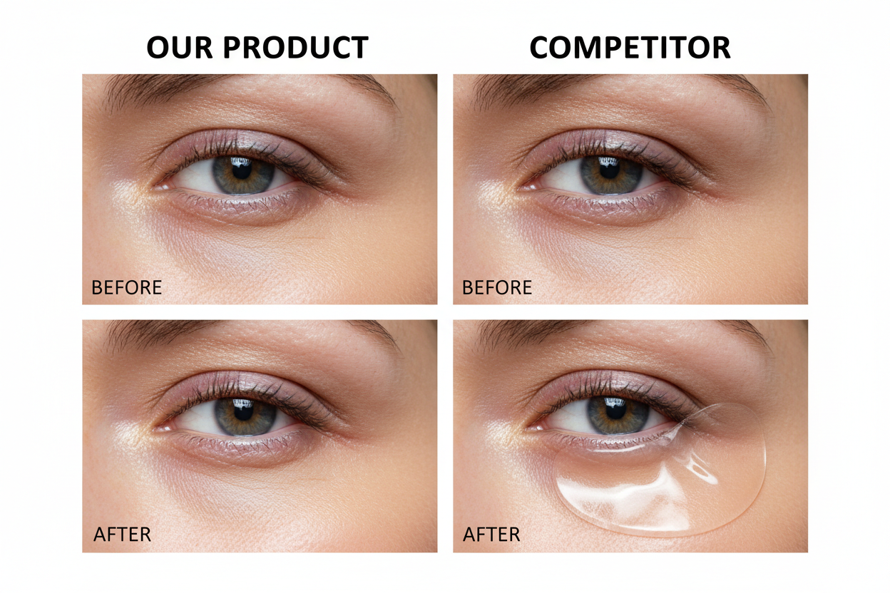 I need a side by side photo in a side by side photo one side it will be a our product vs competitor. The first photo will show wrinkles and dark circles and then to the photo next to it, it will show the under eyes glowing, no wrinkles/ dark circles. Then on the competitor side the first photo will show wrinkles and dark circles. Then the photo next to it will show the eye patch not working/ sliding off. 